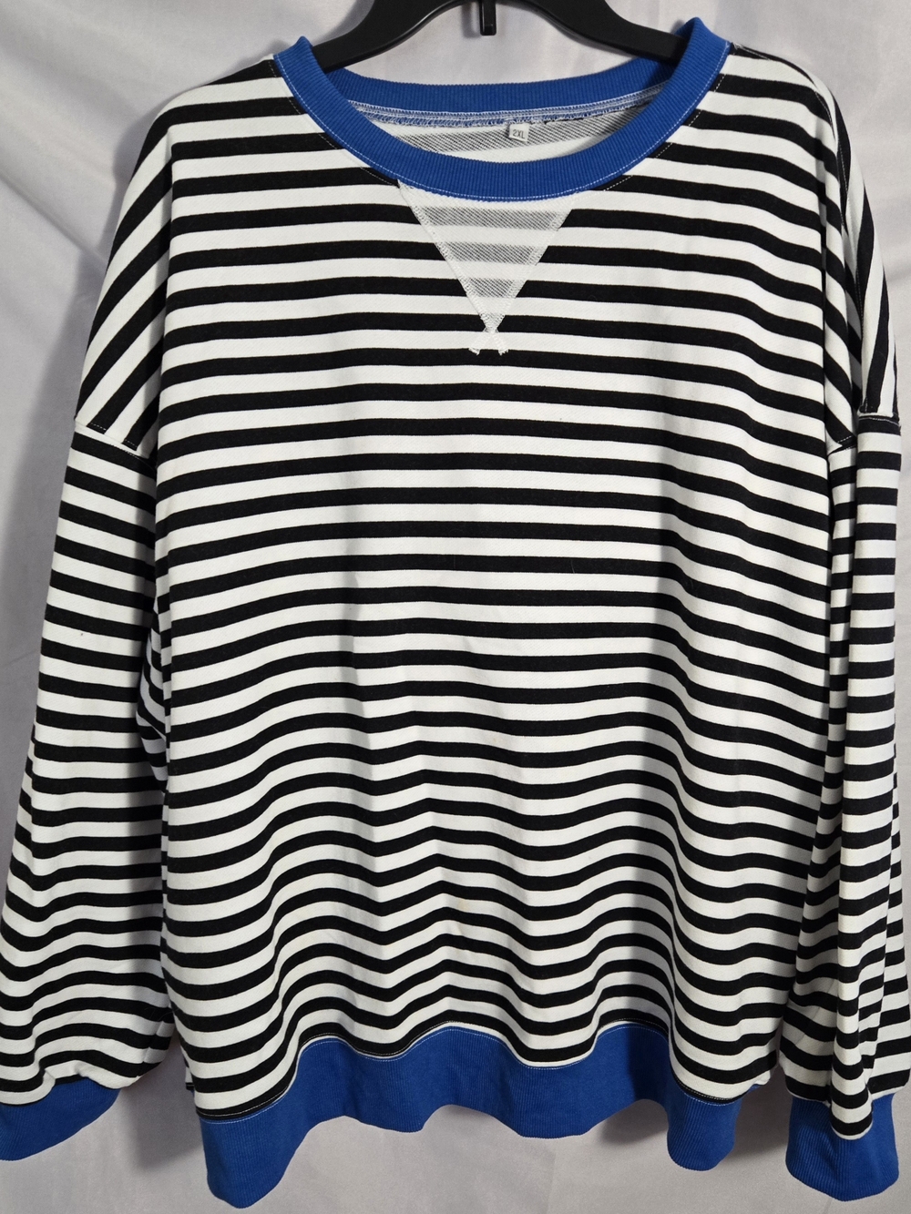 Black & White Striped Crewneck Sweatshirt with Blue Trim